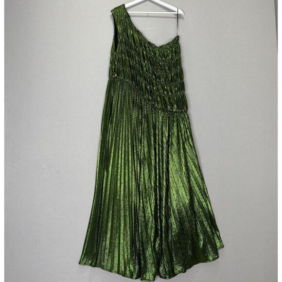 Akira Stay Radiant Metallic Maxi Womens 2X Green One Shoulder Pleated Gown Prom - Picture 6 of 14
